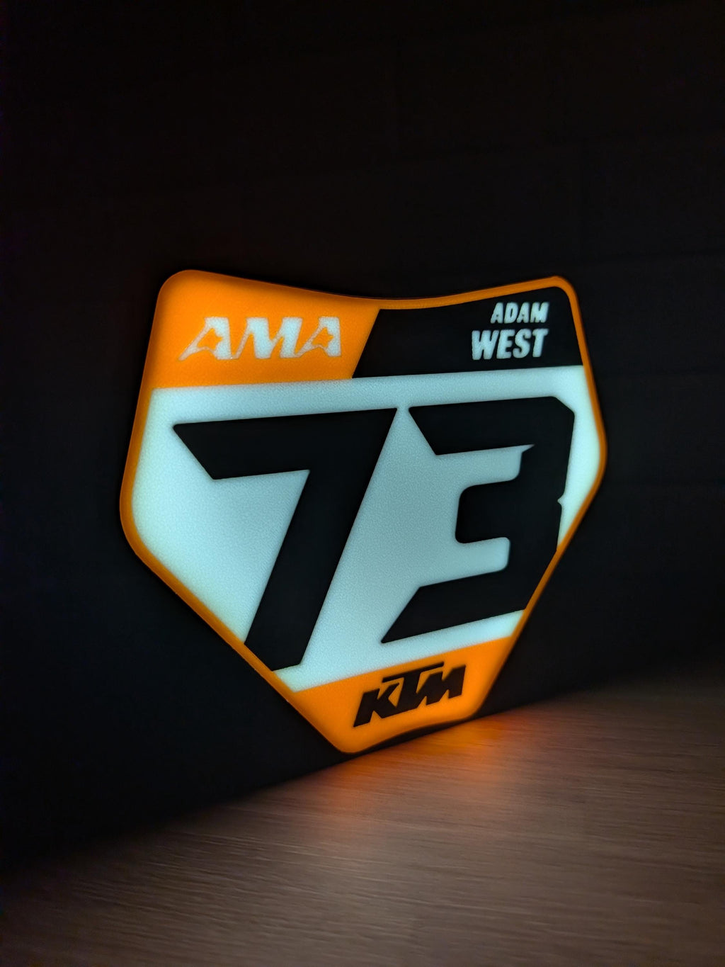 Custom KTM motocross number plate LED sign with personalized rider number and name