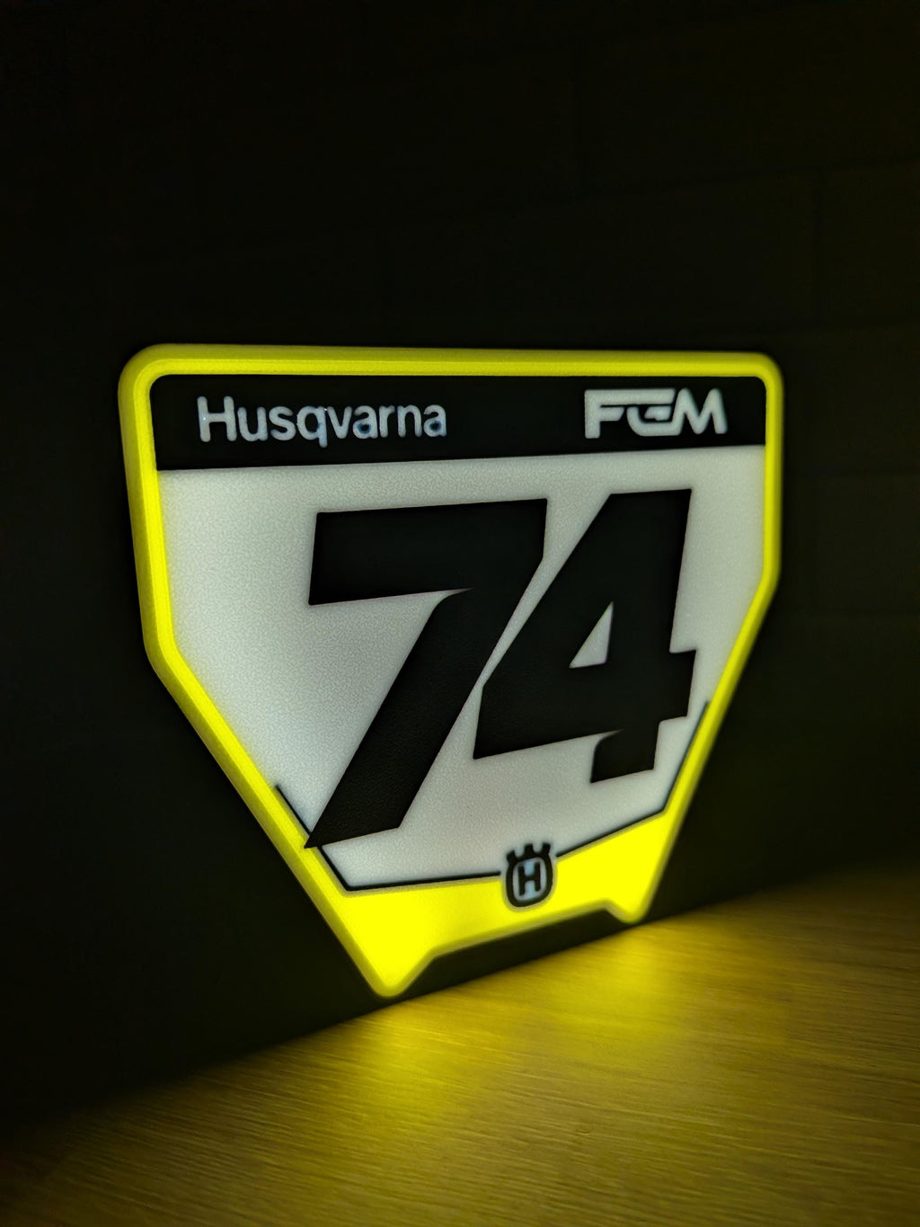 Custom Husqvarna motocross number plate LED sign with personalized rider number and name