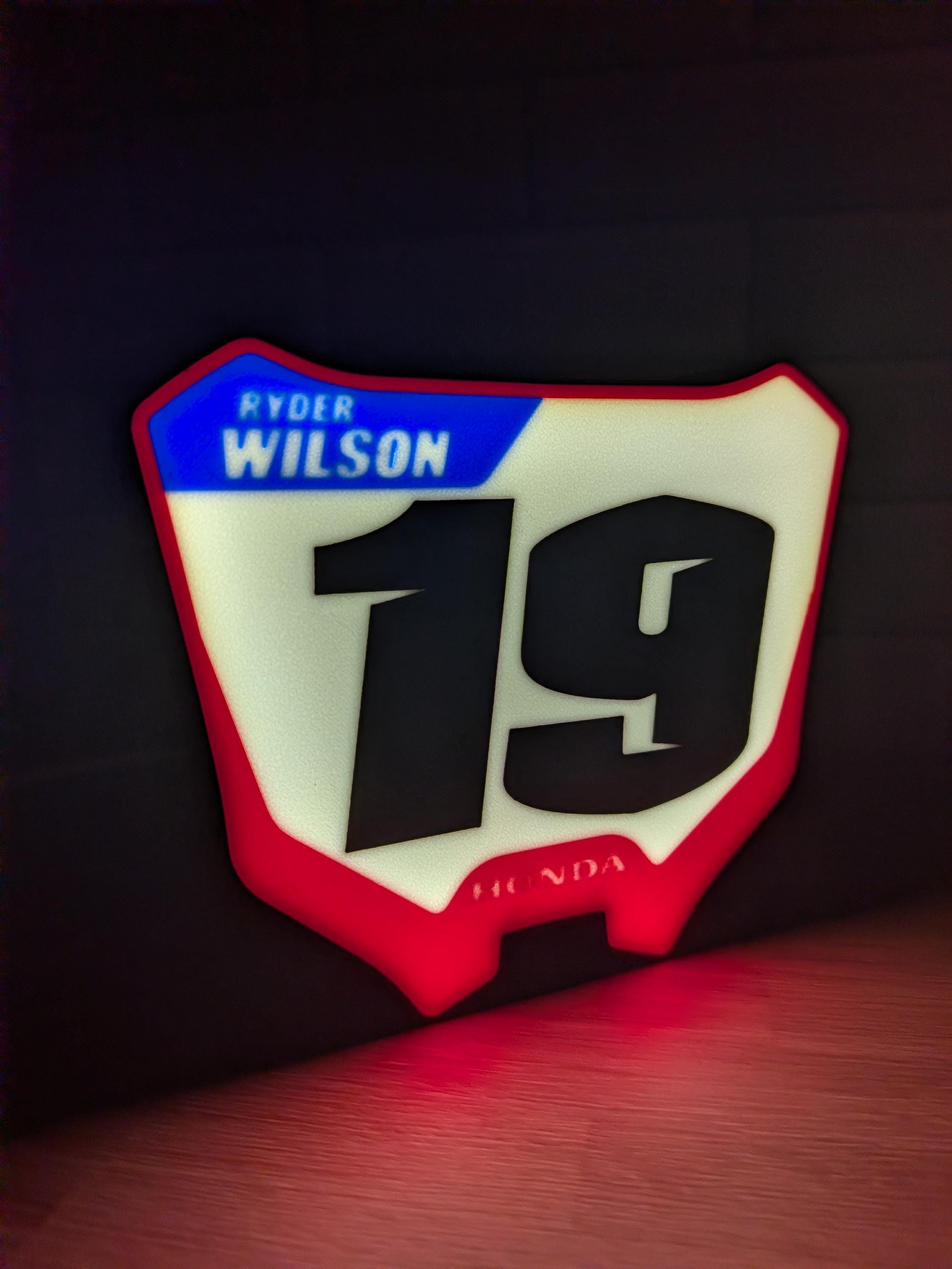 Custom Honda motocross number plate LED sign with personalized rider number and name