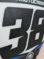 Personalized motocross number plate sign on a desk, gift for dirt bike rider