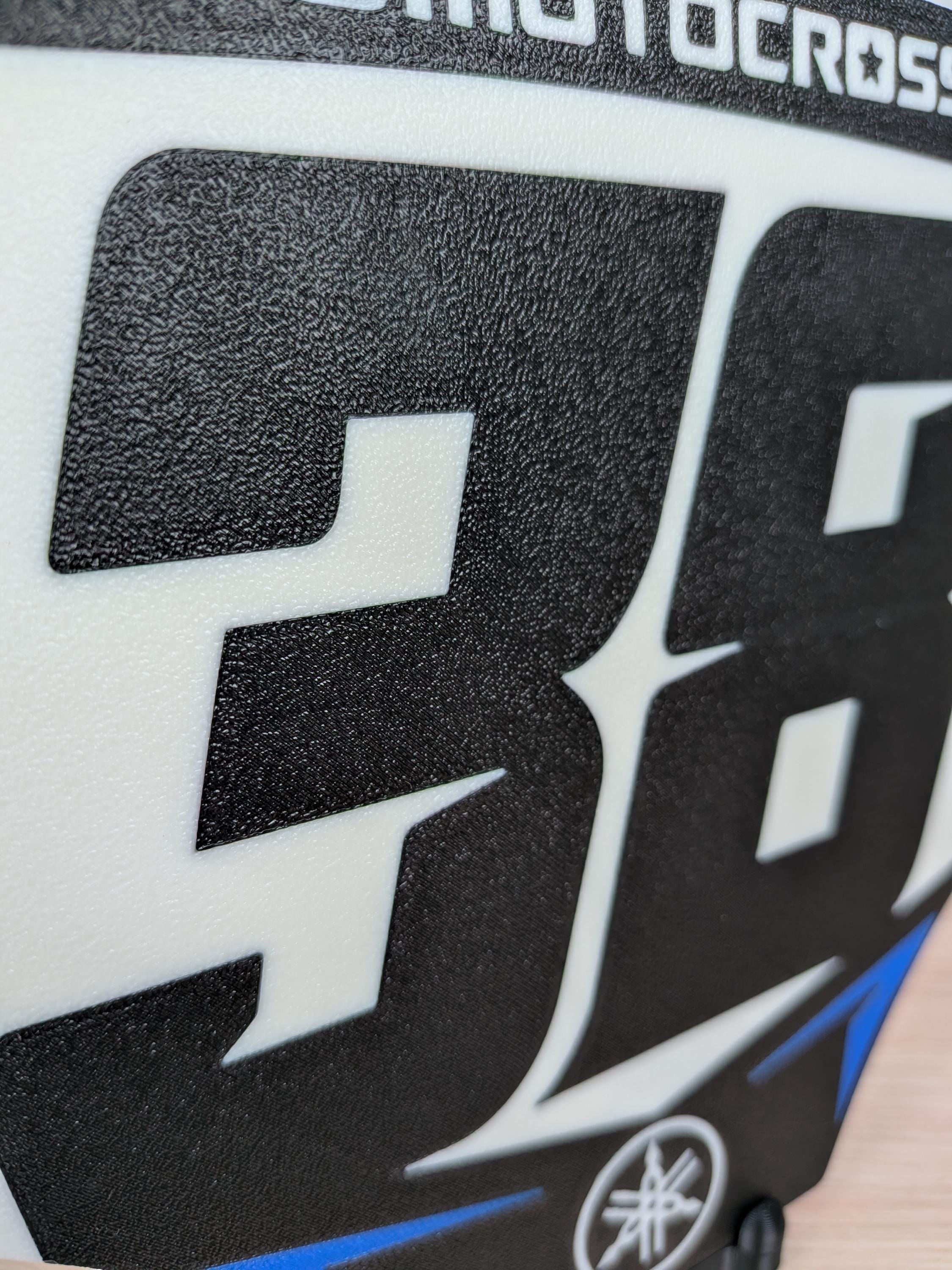 Personalized motocross number plate sign on a desk, gift for dirt bike rider